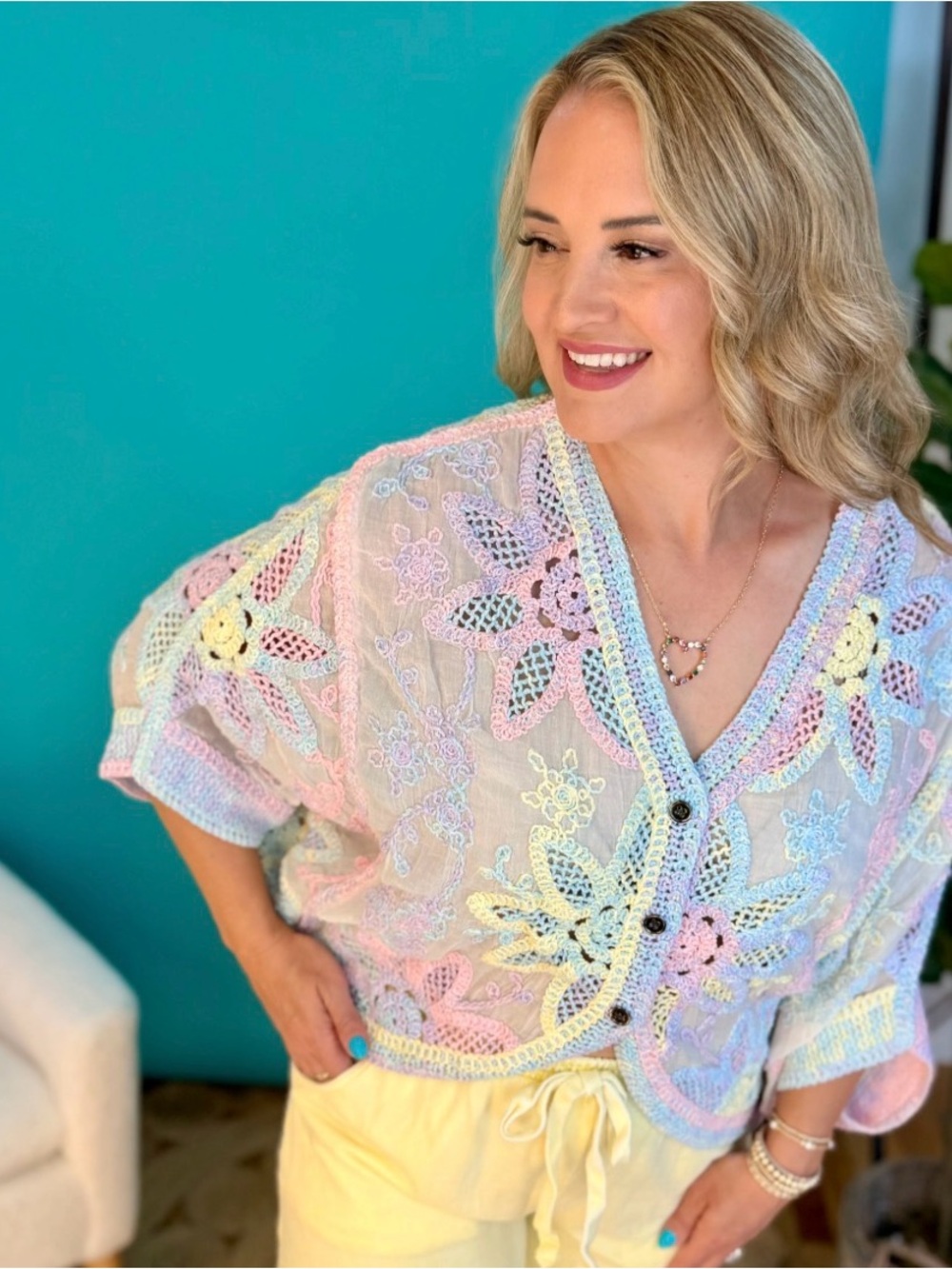 POL Pastel Crochet Lace Button-Front Batwing Cardigan One Size Fits All
